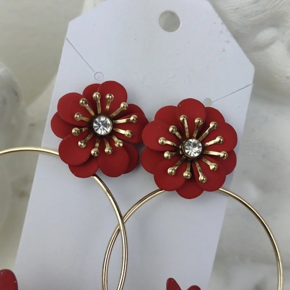 Red Flower Hoop Earrings bold red
